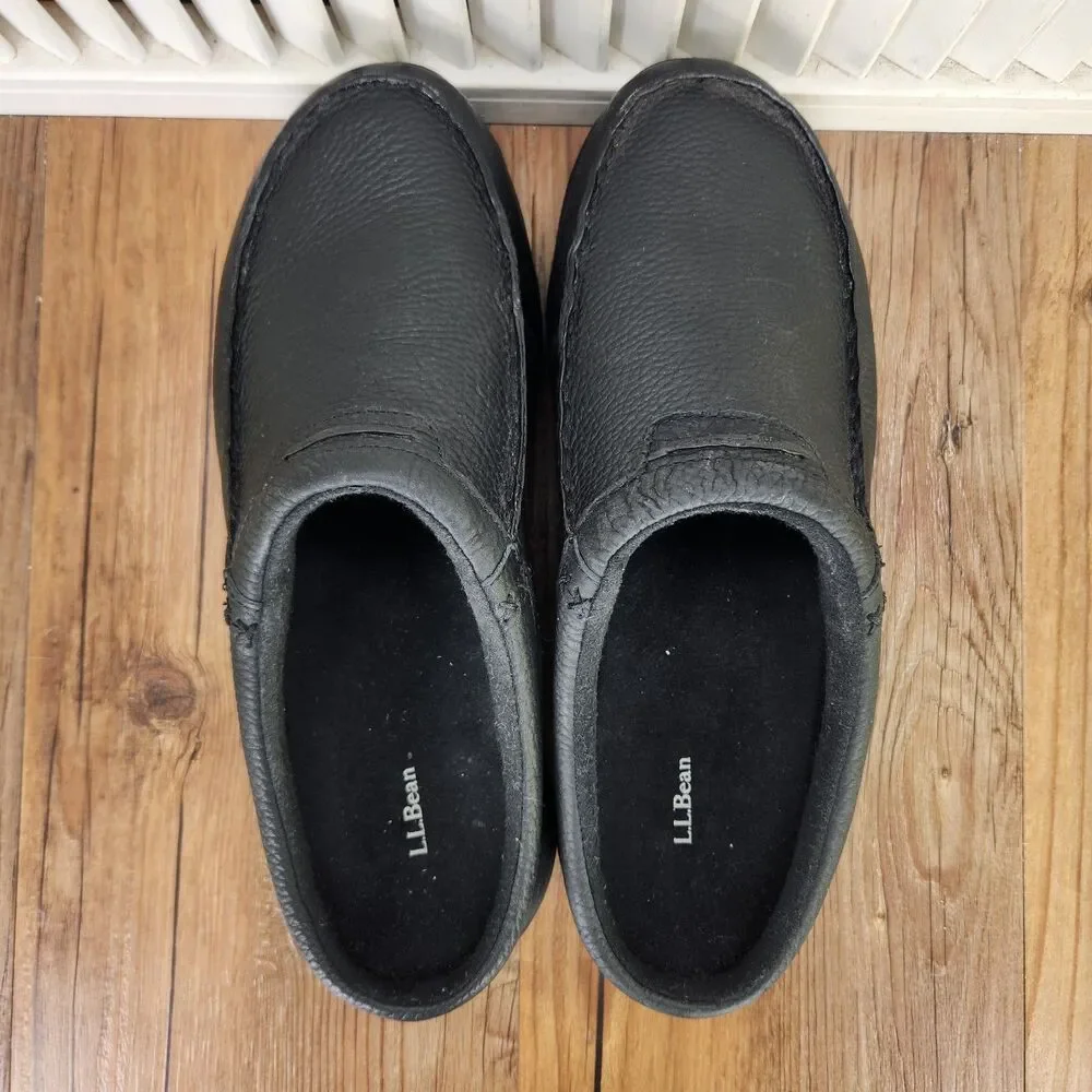 LL Bean Comfort Mules Mens Sz 10 Wide Black Pebbled Leather Slip On Fleece Lined